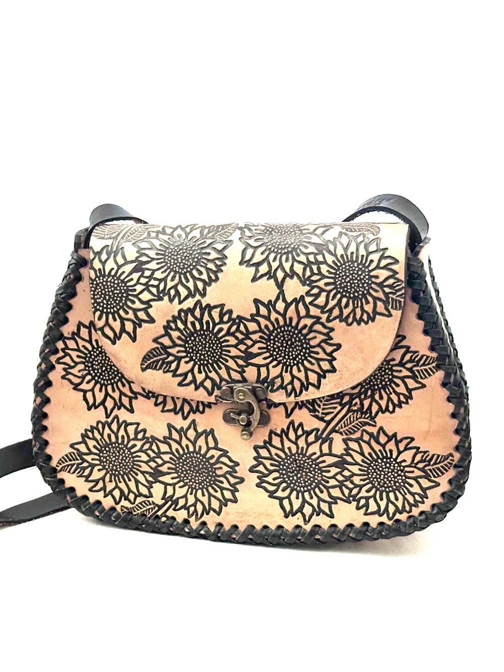 Artisan Sunflower Embossed Leather Crossbody Bag - Tan & Black